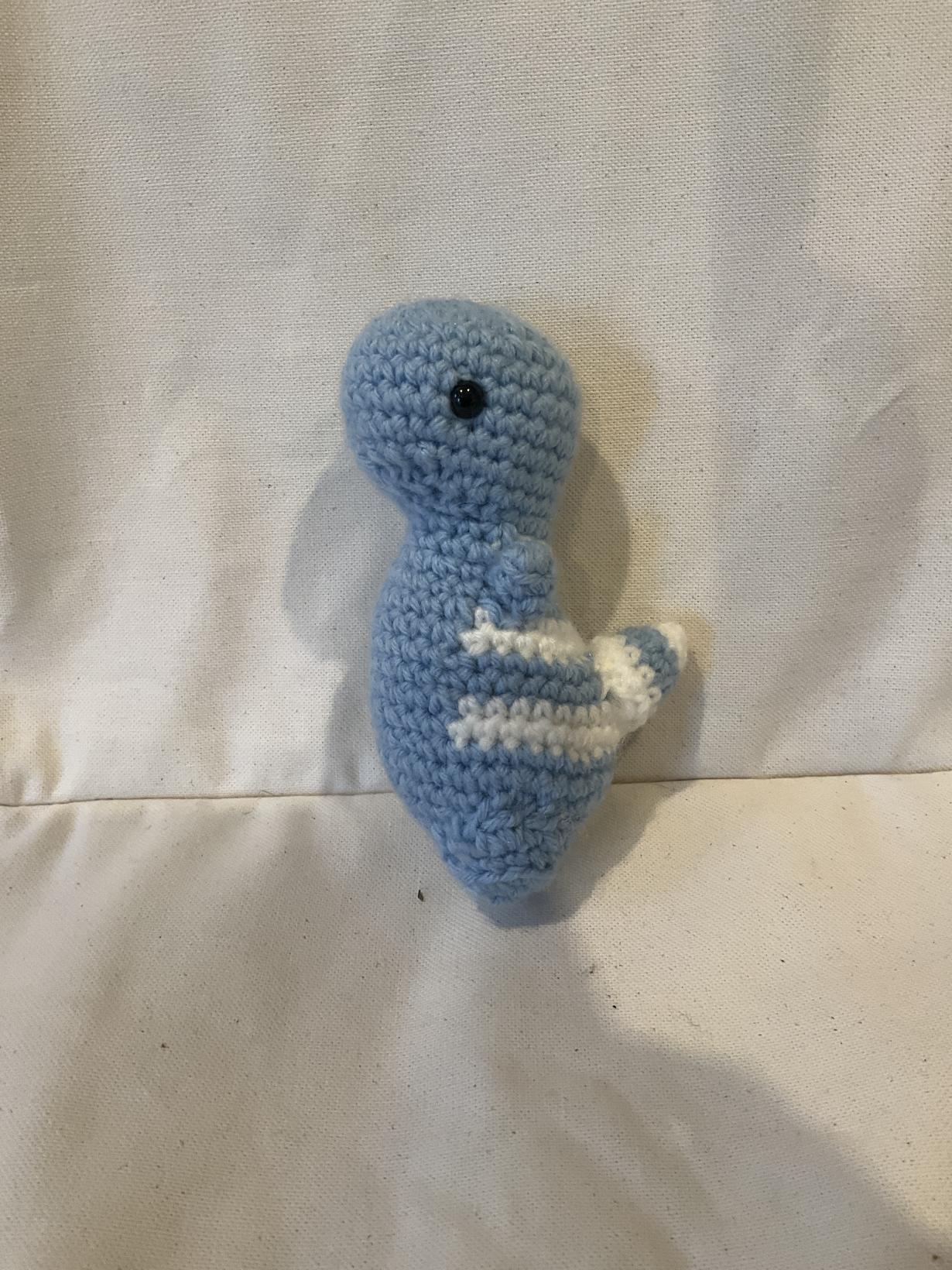 Debra the blue and white crochet Dino 