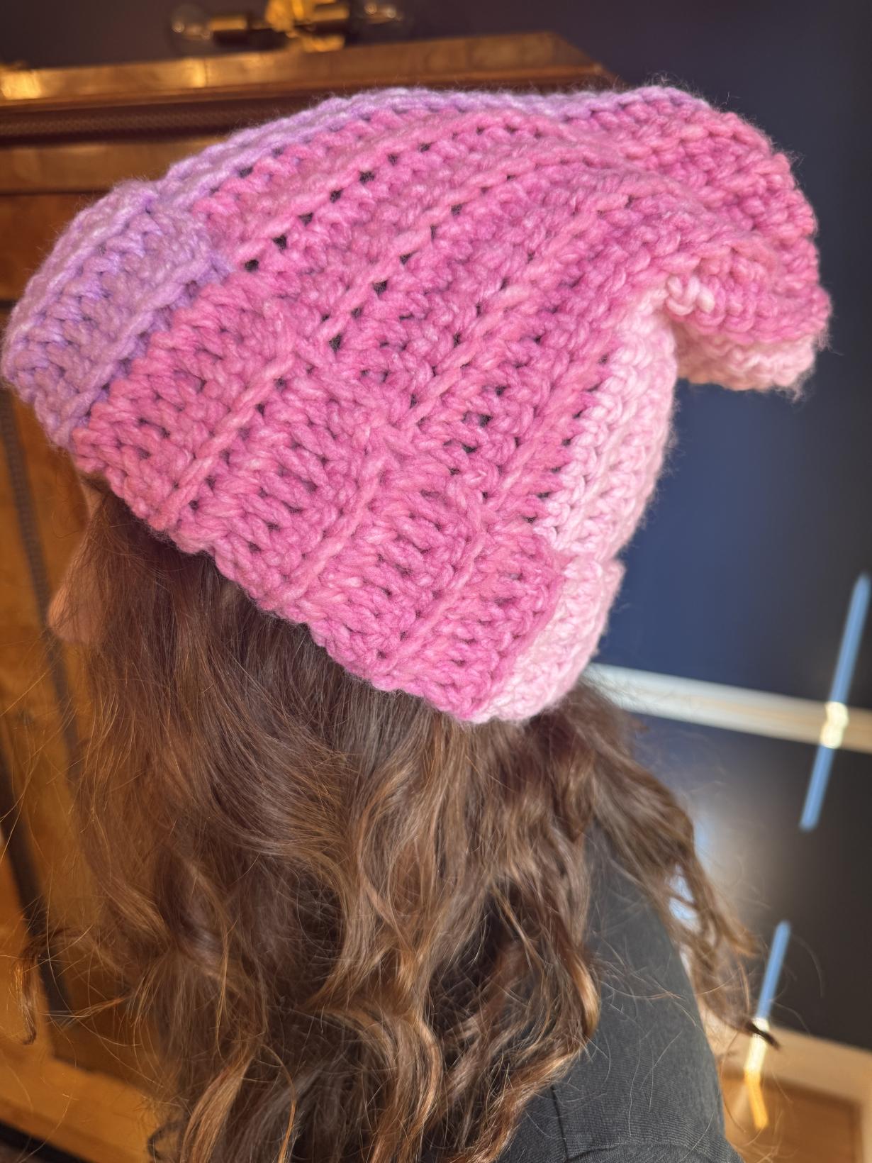 Slouchy pink and purple beanie