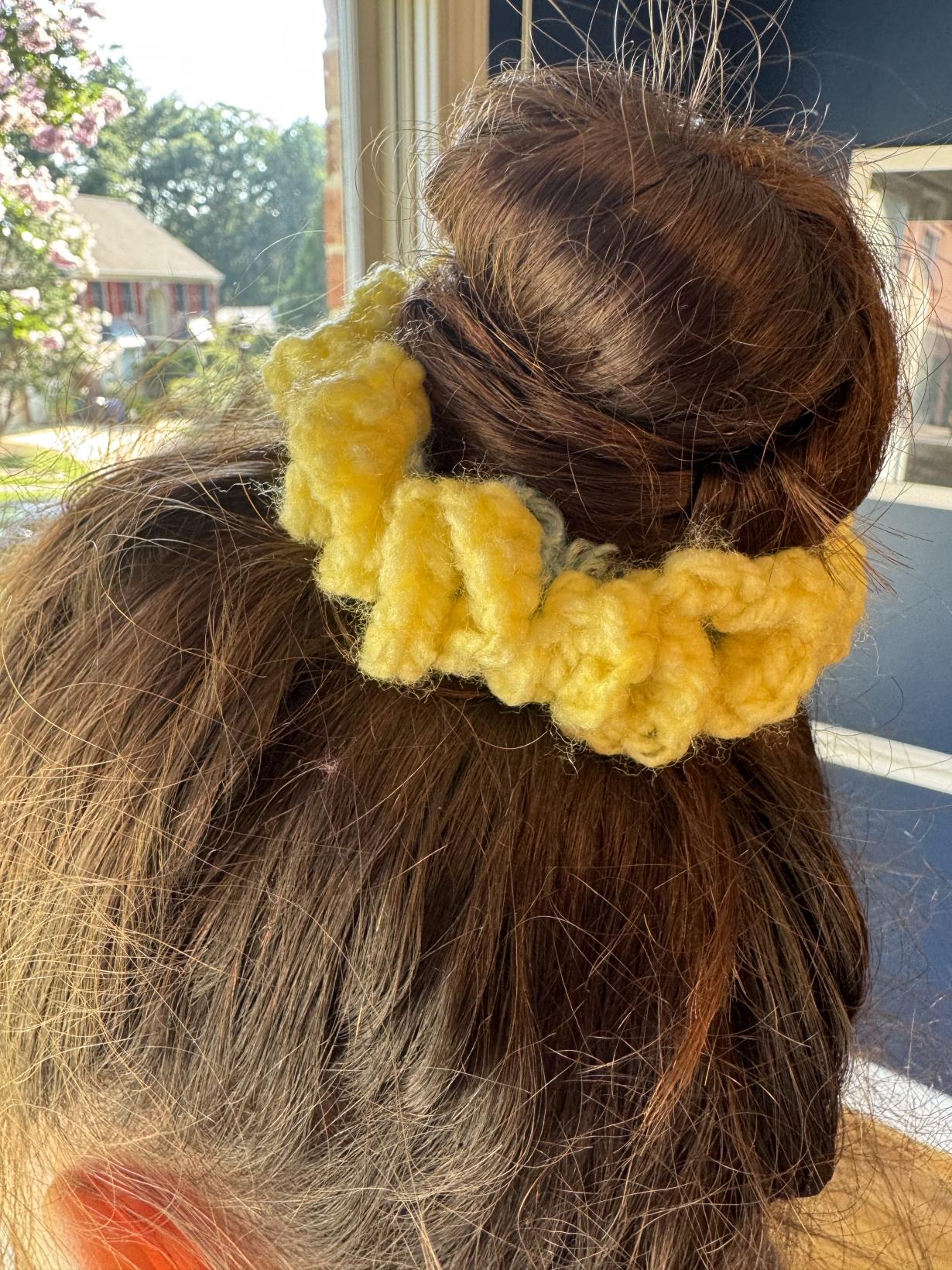 Yellow and blue crochet scrunchie 