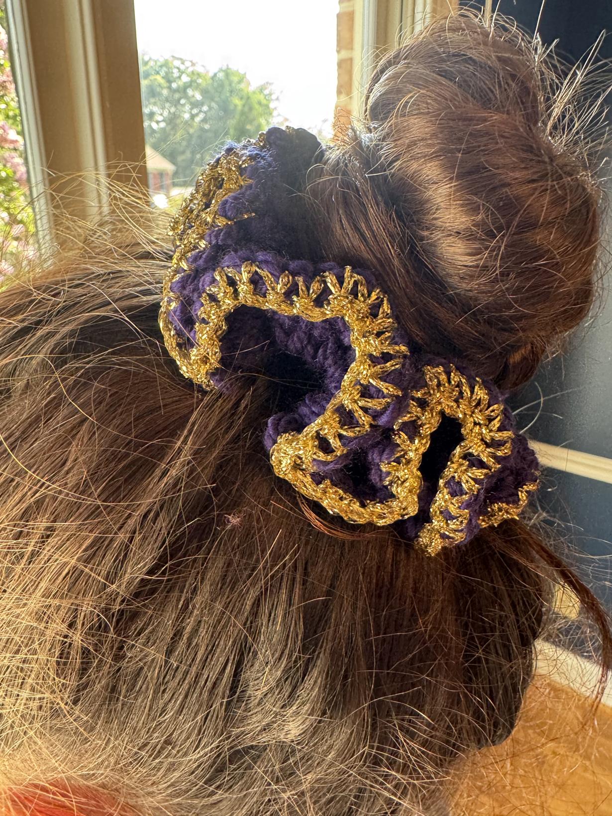Purple and gold crochet scrunchie 
