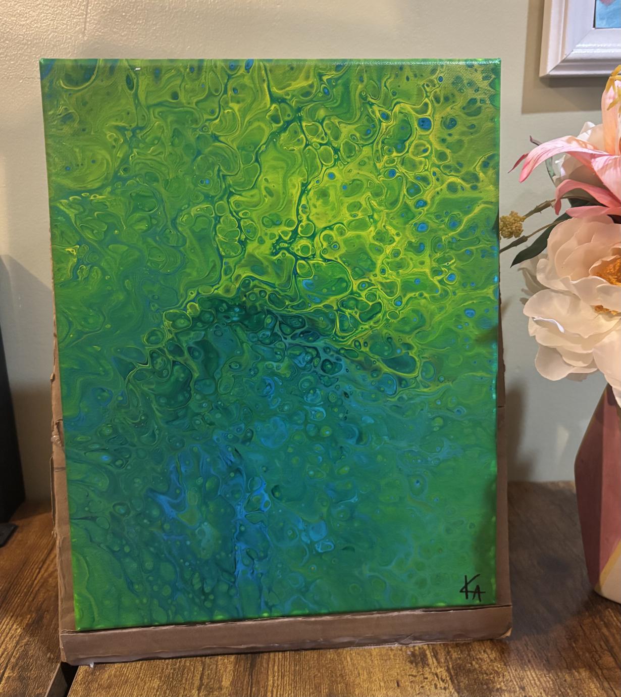 Green blue pour painting canvas 