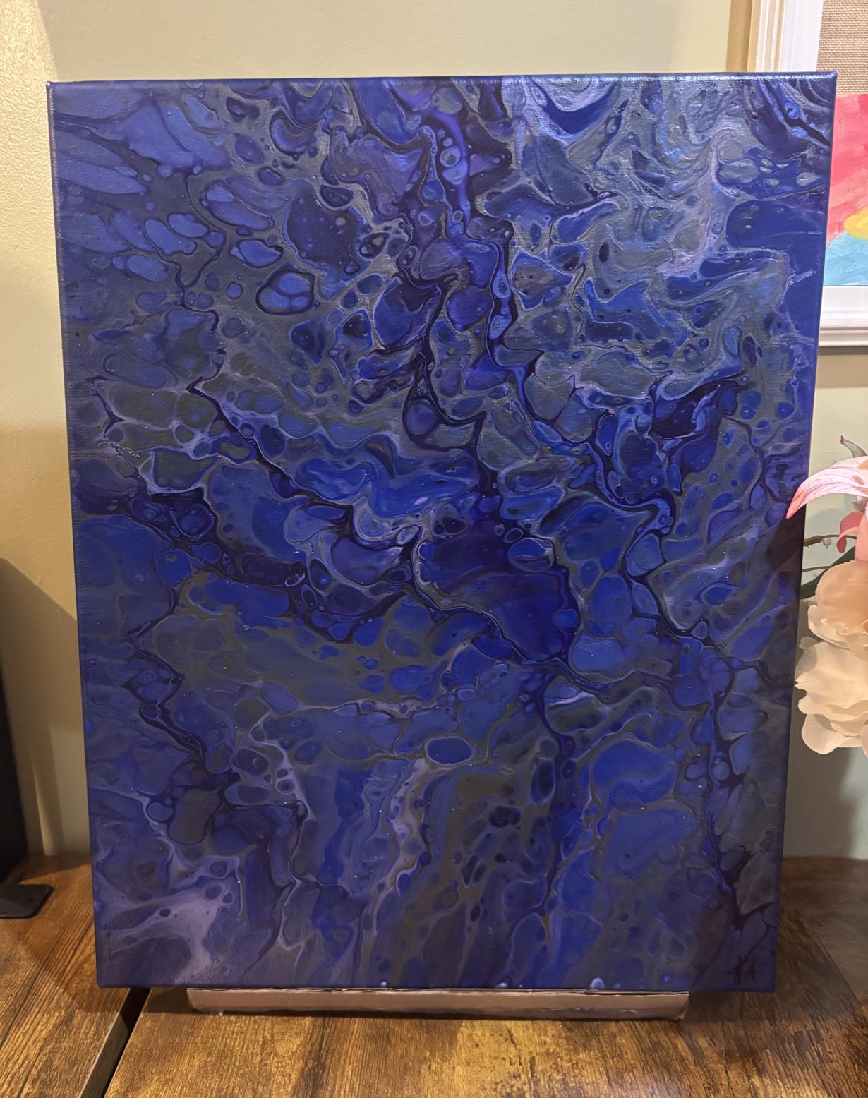 Purple blue pour painting canvas